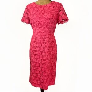 Talbots Crochet Lace Floral Midi Dress Short Sleves Fitted Dark Pink Size 6